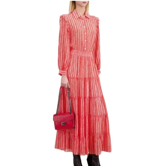The Kooples Floral Stripe Tiered Maxi Collared Shirt Dress Red White Size 4 NWT - Picture 1 of 16
